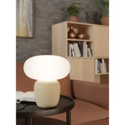 Candeeiro de Mesa com Base Cerâmica Creme e Abajur de Vidro Branco CAHUAMA EGLO 99824