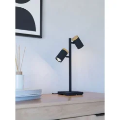Candeeiro de Mesa com Projetores Ajustáveis Preto e Madeira CARTAGENA EGLO 390069