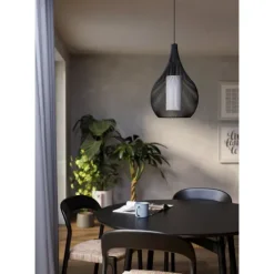 Candeeiro de teto com abajur de arame preto e vidro opalino RAZONI 1 EGLO 900828