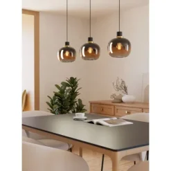 Candeeiro de teto com três abajures esféricos em vidro preto e castanho OILELLA EGLO 99615
