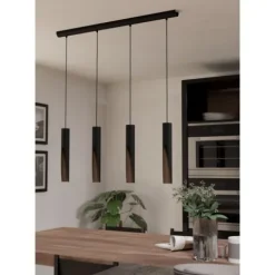 Candeeiro de teto suspenso com 4 lâmpadas preto e madeira BARBOTTO EGLO 901733