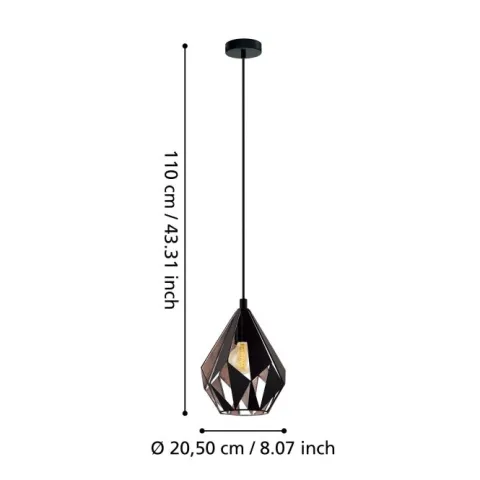 Candeeiro de teto suspenso com abajur de metal preto e interior cobre CARLTON 1 EGLO 49997