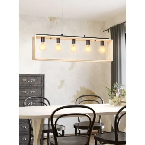 Candeeiro de teto suspenso com madeira natural e metal preto FAMBOROUGH EGLO 43414