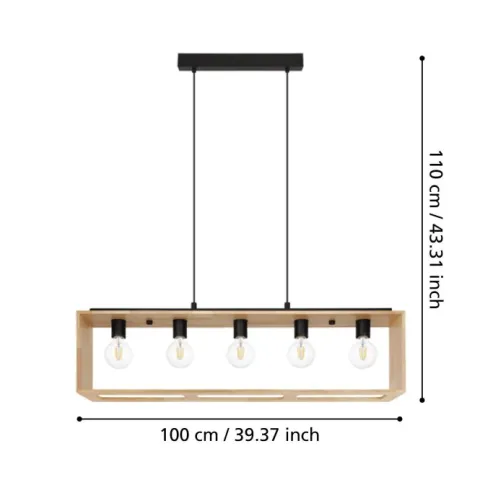 Candeeiro de teto suspenso com madeira natural e metal preto FAMBOROUGH EGLO 43414