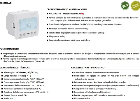 Efapel - Cronotermostato multifuncional digital - 2 módulos - Branco - 45235 SBR - Série Quadro 45