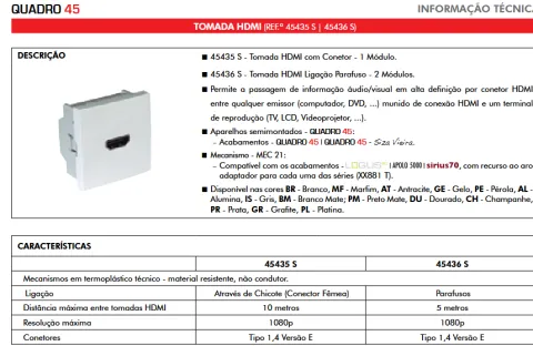 Efapel - Tomada HDMI - 1 módulo com conector - Branco- 45435 SBR - Série Quadro 45