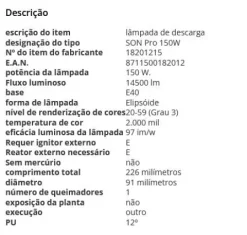 Lâmpada de vapor de sódio Son Pro Philips-E40-150w- 3000k